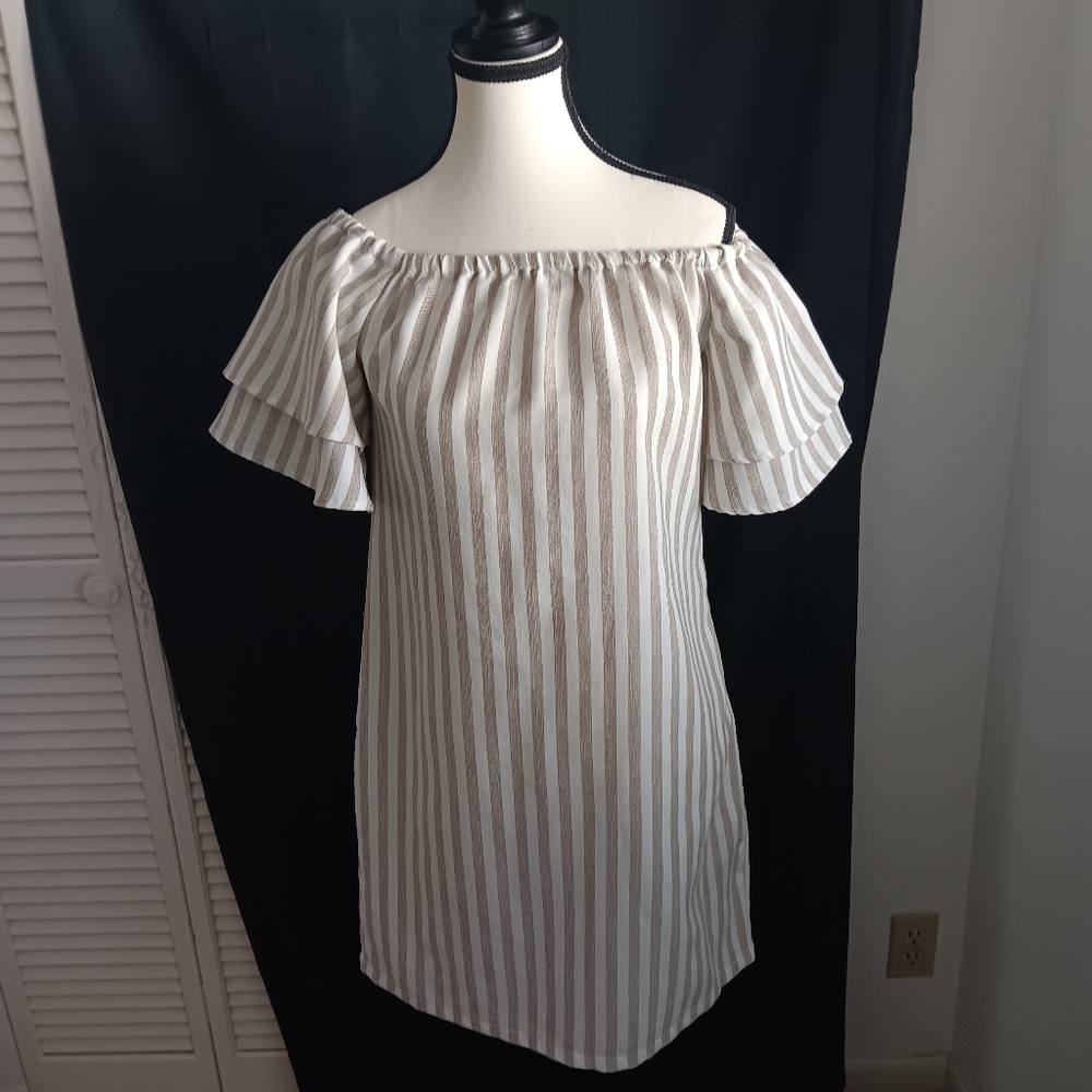 French curve tan and cream flattering vertical off or on shoulder dress